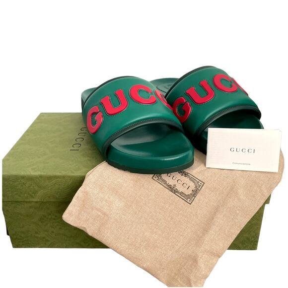 GUCCI  Jumbo Logo Embossed Slide Sandals Italian Leather Green Men's Size G9 NEW - Picture 2 of 12
